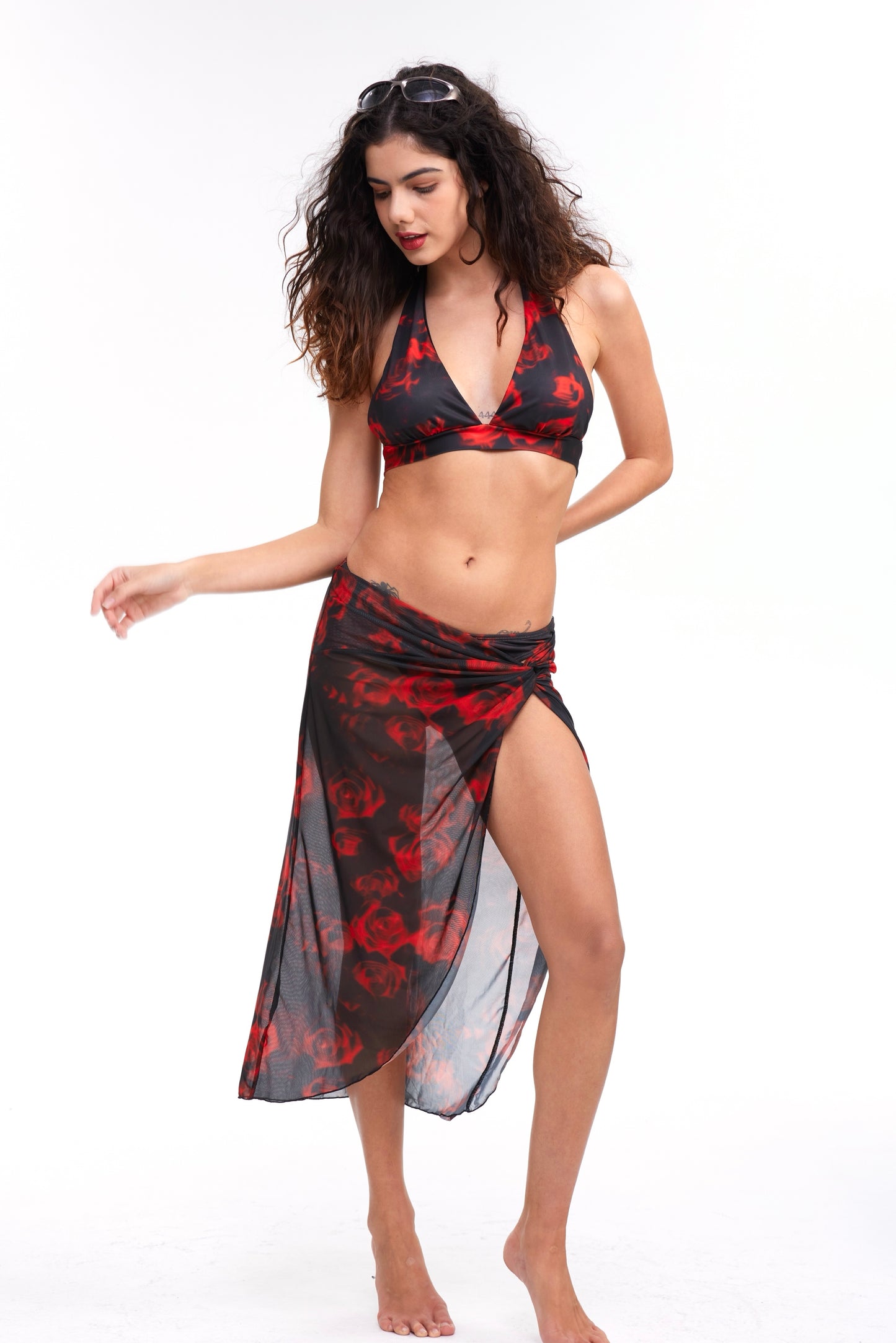 b-Red Flame Rose Printed Bikini 3 Piece Bikini & Mesh Pleated Twist Skirt Swimsuit