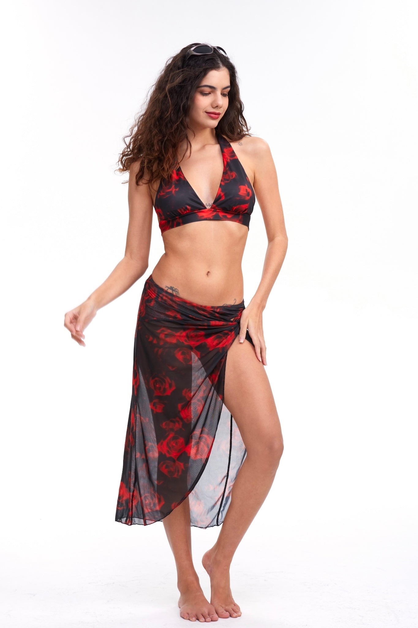b-Red Flame Rose Printed Bikini 3 Piece Bikini & Mesh Pleated Twist Skirt Swimsuit