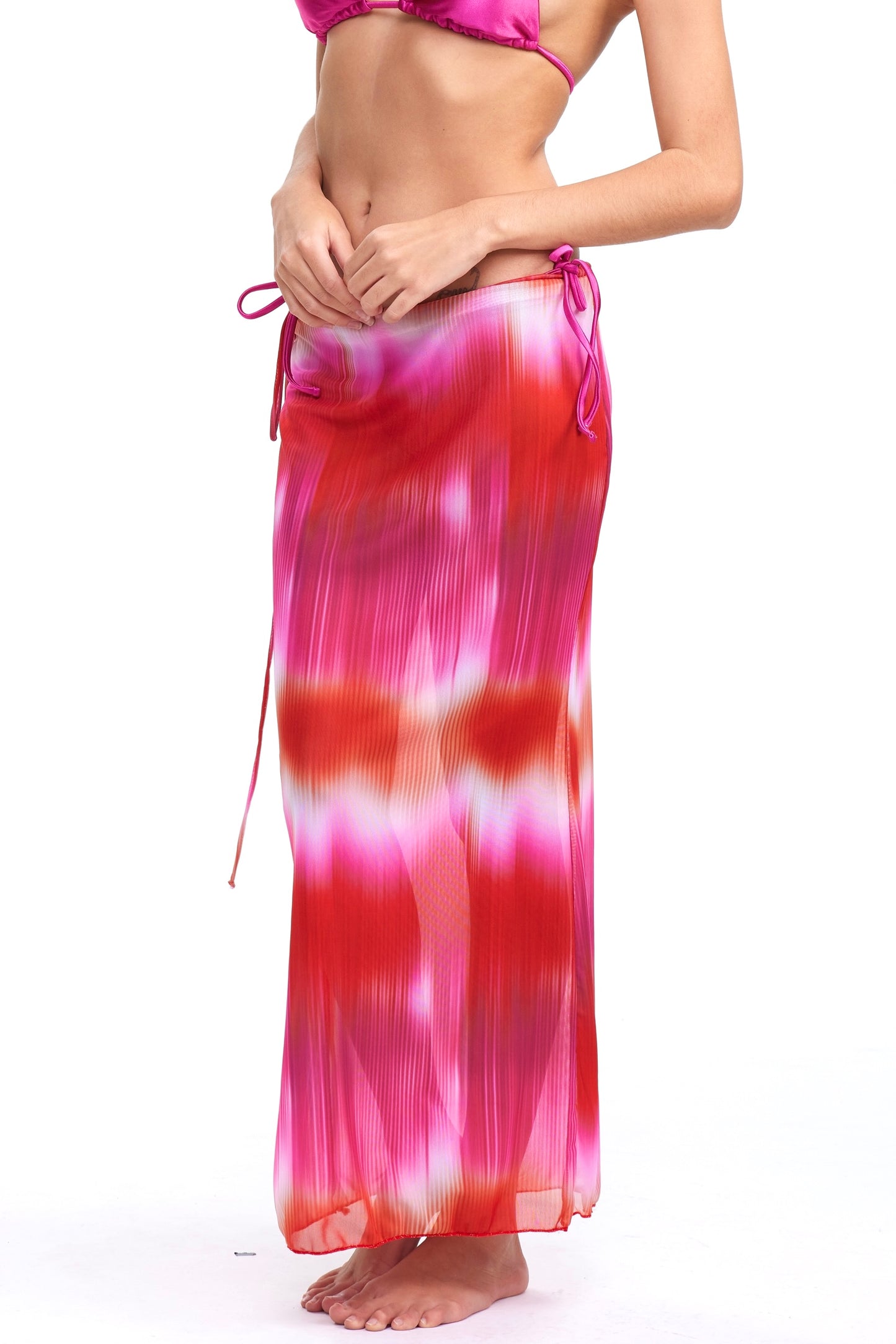 k-Rose Sunset Tie Dyed Skinny Mesh Length Skirt - Pink and Orange