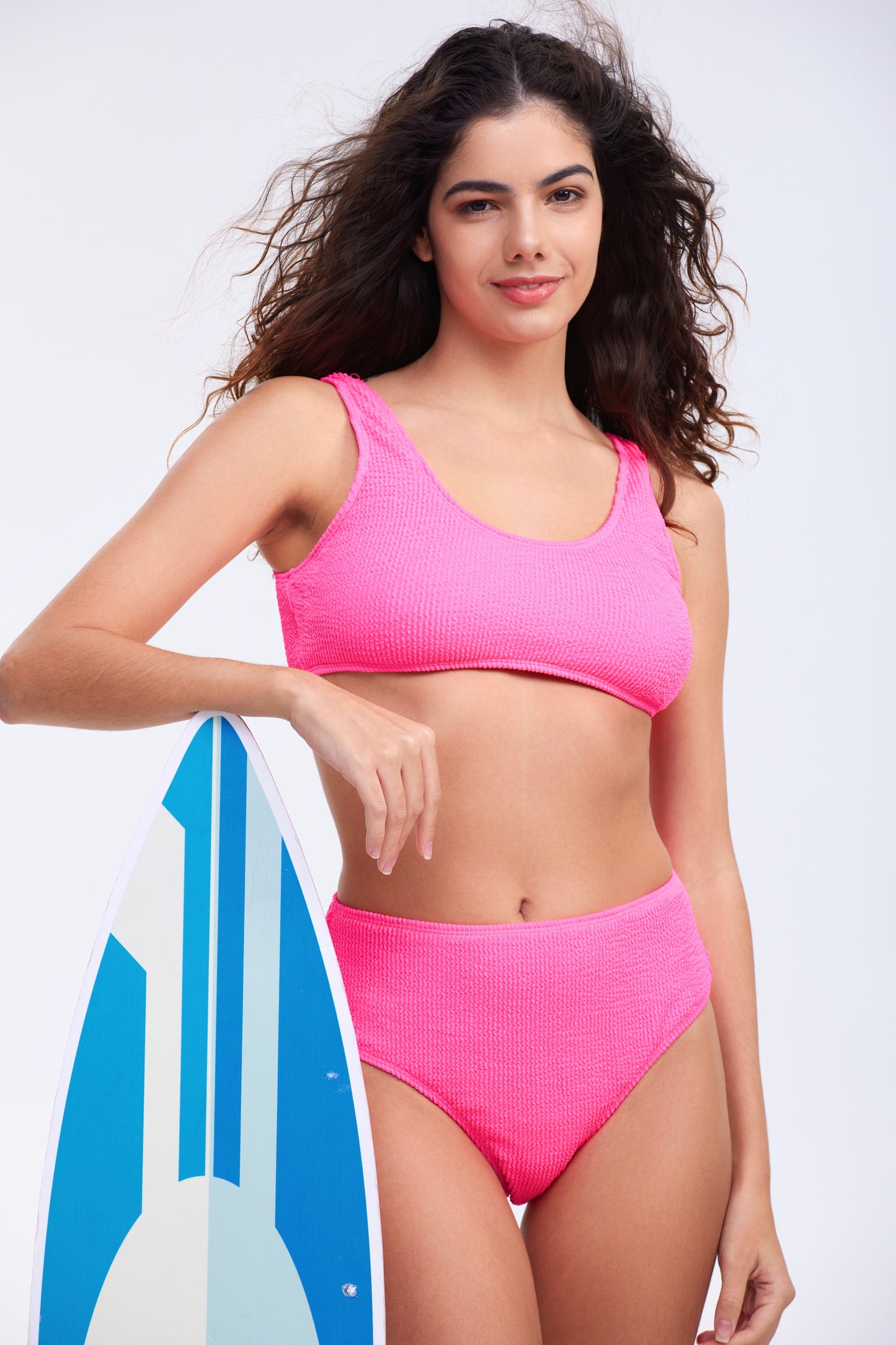 n-Hot Pink Surfing Bikini Swimsuit Solid Wrinkled Fabric