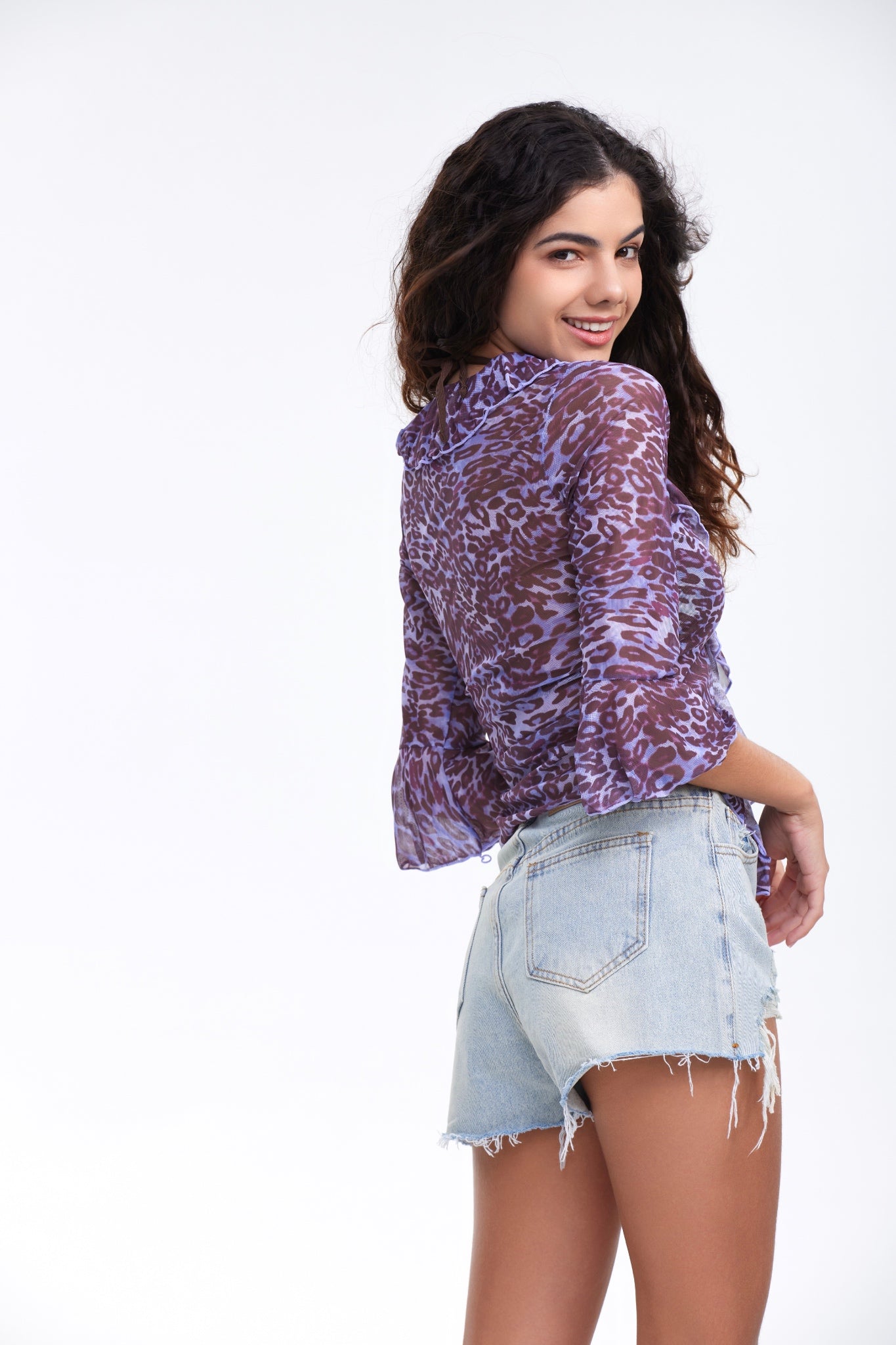 u-Purple Leopard Print Lettuce Hem Mesh Beach Top