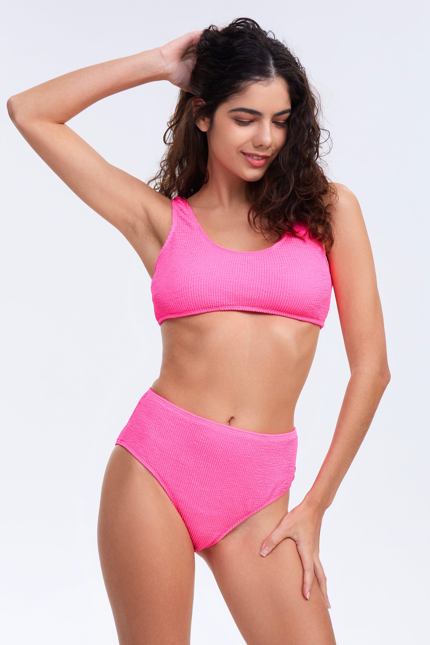 n-Hot Pink Surfing Bikini Swimsuit Solid Wrinkled Fabric